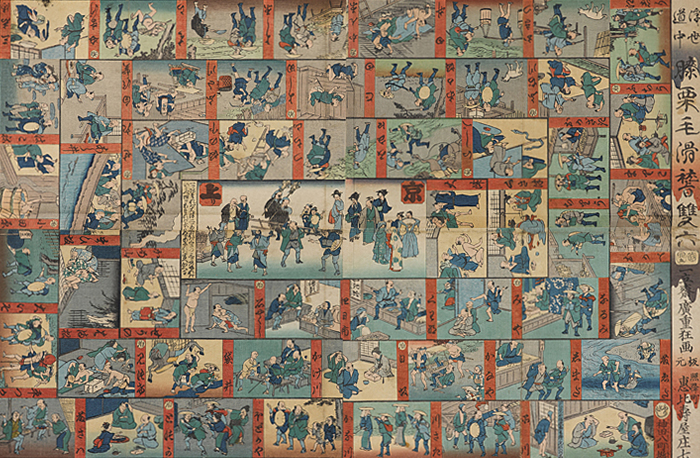 Ukiyodochu Hizakurige kokkei sugoroku (Japanese traditional board game) This image shows a game board that depicts Hiroshige's return journey along the Tokaido road, inspired by the Ukiyodochu Hizakurige, a section of the Tokaidochu Hizakurige (by Hiroshige's contemporary, the writer Juppensha Ikku). The game was a best-seller in its day.