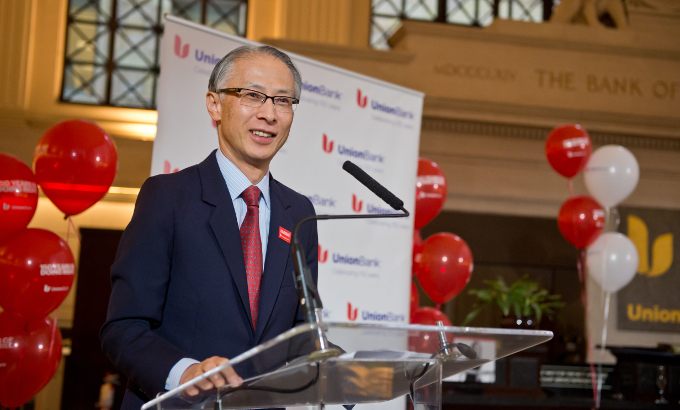Union Bank President and Chief Executive Officer Masashi Oka, who also serves as CEO for the Americas of BTMU, honors the history of Union Bank and the employees who have shaped its success over the years in his speech at the 150th anniversary event.