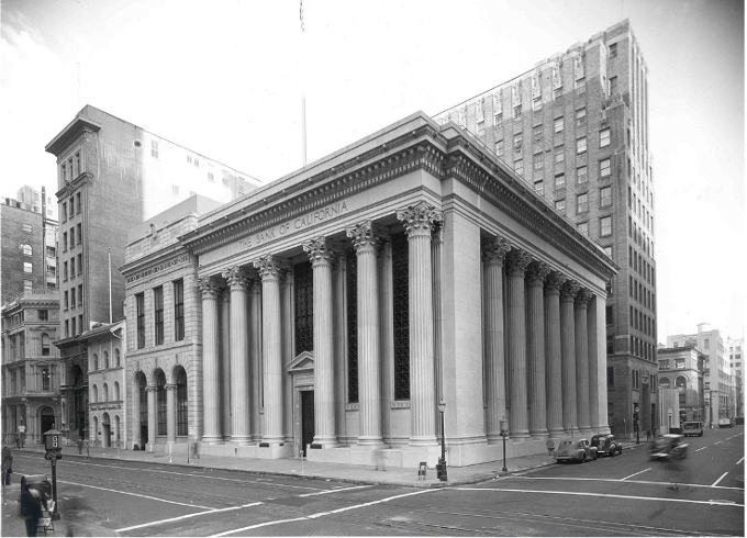 Union Bank's historic flagship branch in downtown San Francisco, California in the 1930s.