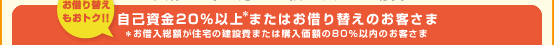 お借り替えもおトク!! 自己資金20％以上＊またはお借り替えのお客さま ＊お借入総額が住宅の建設費または購入価額の80％以内のお客さま