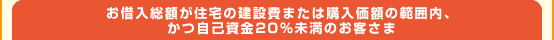 お借入総額が住宅の建設費または購入価額の範囲内、かつ自己資金20％未満のお客さま