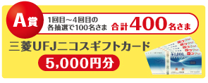 A賞 1〜4回の各抽選で100名様 合計400名様に三菱UFJニコスギフトカード5,000円。