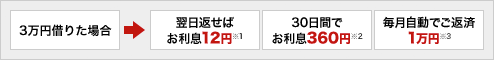 3万円借りた場合→翌日返せばお利息12円※1 30日間でお利息360円※2 毎月自動でご返済 1万円※3