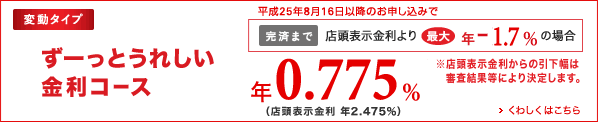変動タイプ ずーっとうれしい金利コース 完済まで店頭表示金利より最大年-1.6%の場合 年0.875%(店頭表示金利年2.475%) ※店頭表示金利からの引下幅は審査結果等により決定します。くわしくはこちら
