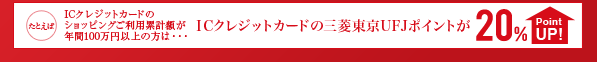 たとえばICクレジットカードのショッピングご利用累計額が年間100万円以上の方は…ICクレジットカードの三菱東京UFJポイントが20%PointUP