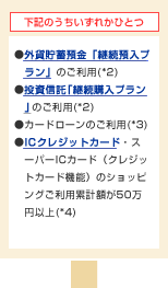 下記のうちいずれかひとつ ●外貨貯蓄預金「継続預入プラン」のご利用(*2) ●投資信託「継続購入プラン」のご利用(*2) ●カードローンのご利用(*3) ●ICクレジットカード・スーパーICカード(クレジットカード機能)のショッピングご利用累計額が50万円以上(*4)