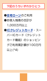 下記のうちいずれかひとつ ●住宅ローンのご利用 ●お借入残高の合計が1,000万円以上 ●ICクレジットカード・スーパーICカード(クレジットカード機能)のショッピングご利用累計額が100万円以上(*4)