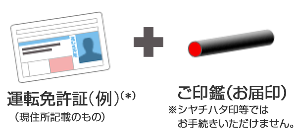 運転免許証(例)(*)(現住所記載のもの)ご印鑑(お届印)※シャチハタ印等ではお手続きいただけません。