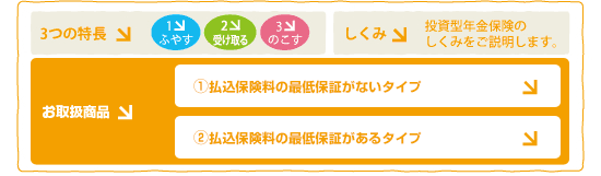 3つの特長…1.ふやす 2.受け取る 3.残す しくみ…投資型年金保険のしくみをご説明します。 お取扱商品…1.払込保険料の最低保証があるタイプ 2.一生涯の死亡保障があるタイプ