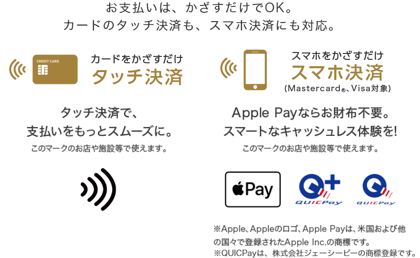 お支払いはかざすだけでOK。カードのタッチ決済も、スマホ決済にも対応。 カードをかざすだけ タッチ決済  タッチ決済で、支払いをスムーズに スマホをかざすだけ スマホ決済（Mastercard®、Visa対象） Apple Payならお財布不要。スマートなキャッシュレス体験を！ ※Apple、Appleのロゴ、Apple Payは、米国および他の国々で登録されたApple Inc.の商標です。※QUICPayは、株式会社ジェーシービーの商標登録です。