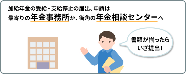 加給年金の受給・支給停止の届出、申請は 最寄りの年金事務所か、街角の地元の年金相談センターへ