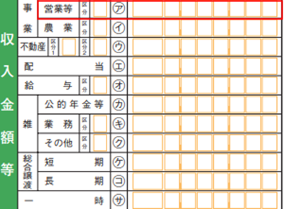 副業の収入が事業所得の場合の収入金額等の入力欄