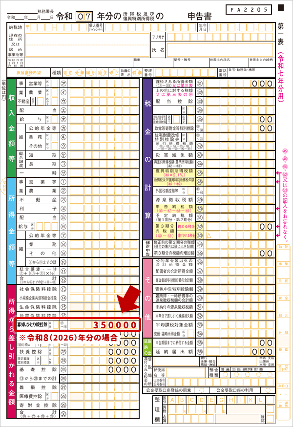 令和7年分の所得税及び復興特別所得税の申告書第一表