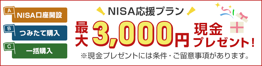 NISA応援プラン　最大3,000円現金プレゼント！　NISA口座開設　つみたて購入　一括購入　※現金プレゼントには条件・ご留意事項があります。