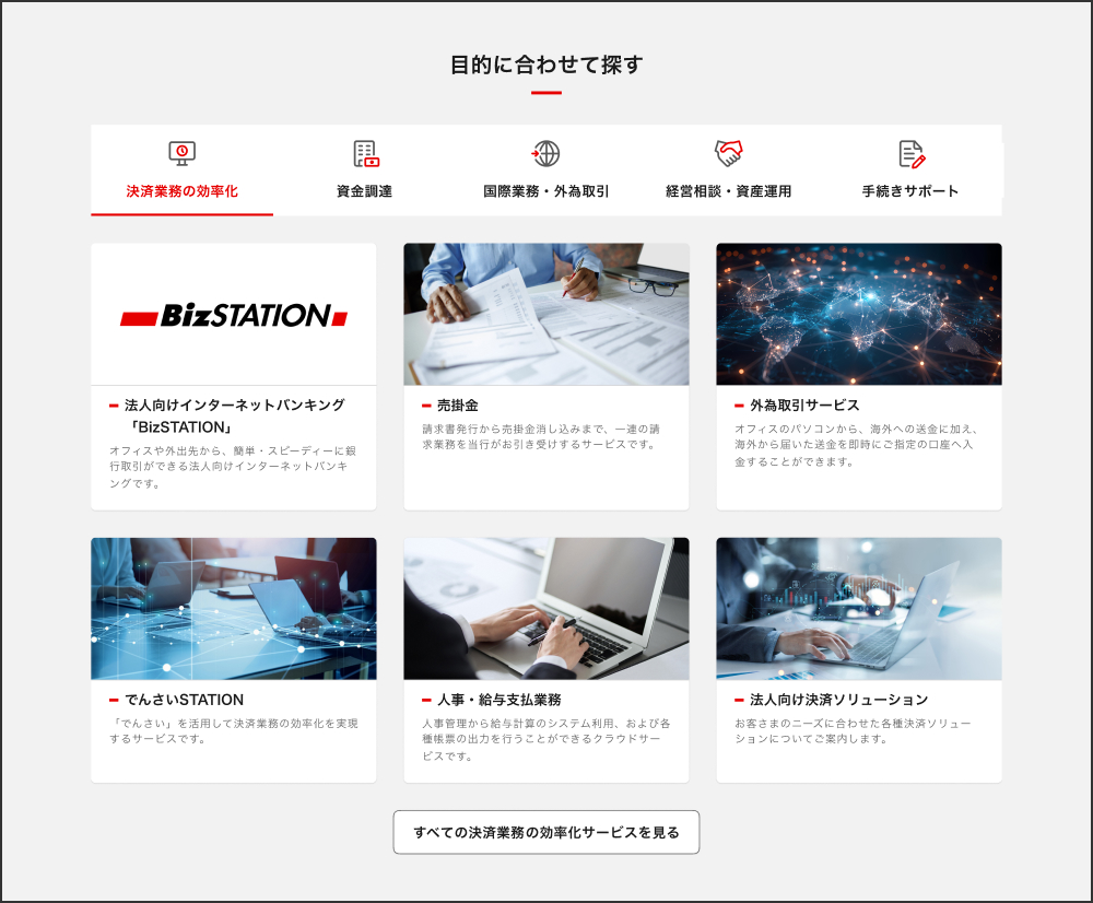 トップ画面「目的に合わせて探す」項目
