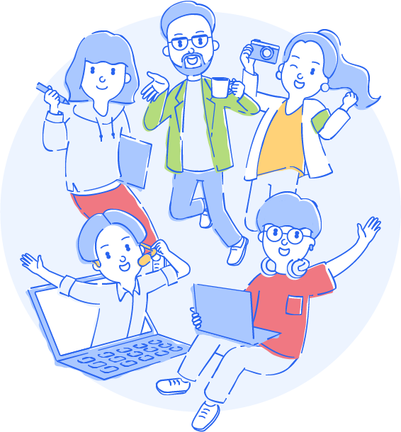 「freee会計 with MUFG」をご契約特典の利用料金2ヵ月分の無料クーポンプレゼントで喜ぶ5人の男女のイメージ