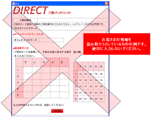 お客さまの情報を盗み取ろうとしているものの例です。絶対に入力しないでください。