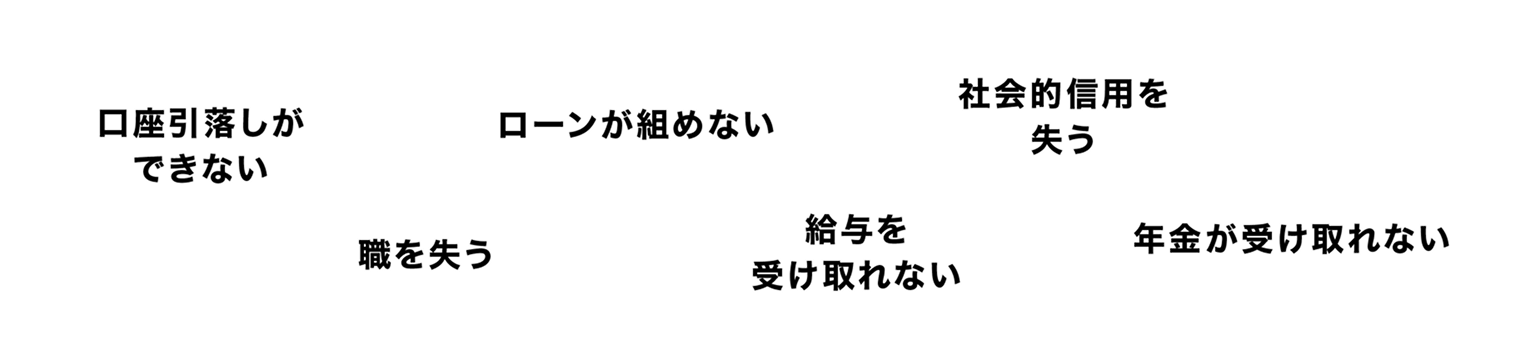 口座引落としができない・職を失う・ローンが組めない・給与を受け取れない・社会的信用を失う・年金が受け取れない