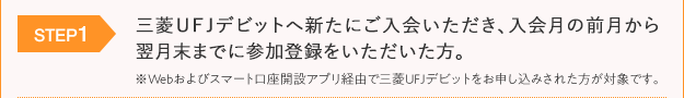 STEP1:三菱UFJデビットへ新たにご入会いただき、入会月の前月から翌月末までに参加登録をいただいた方。