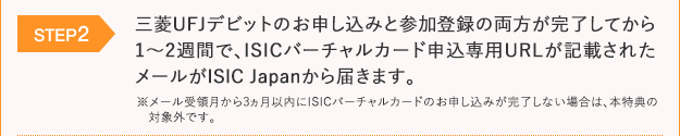 STEP2:三菱UFJデビットのお申し込みと参加登録の両方が完了してから1~2週間で、ISICバーチャルカード申込専用URLが記載されたメールがISIC Japanから届きます。