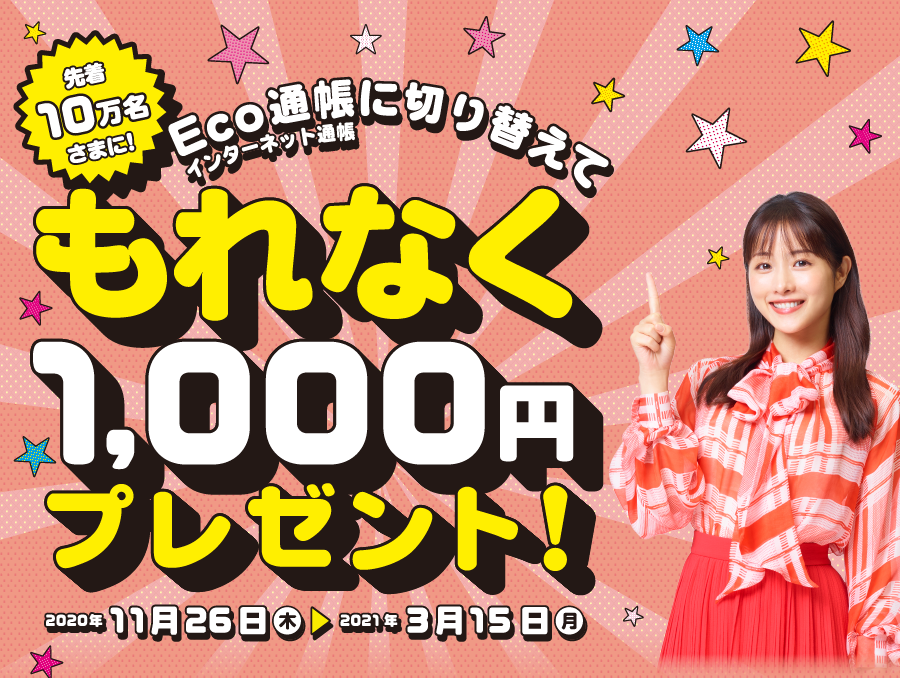 先着10万名さまに!Eco通帳(インターネット通帳)に切り替えてもれなく1,000円キャンペーン! 2020年11月26日(木)0:00 ~ 2021年3月15日(月)23:59