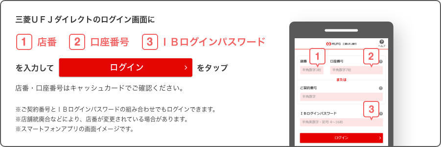 三菱UFJダイレクトのログイン画面に 1. 店番 2. 口座番号 3. IBログインパスワード を入力してログインをタップ 店番・口座番号はキャッシュカードでご確認ください。