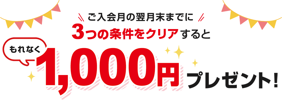ご入会月の翌月末までに3つの条件をクリアすると1,000円もれなくプレゼント!