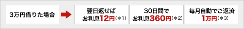 3万円借りた場合→翌日返せばお利息12円※1 30日間でお利息360円※2 毎月自動でご返済 1万円※3