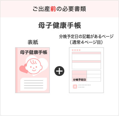 ご出産前の必要書類　母子健康手帳の表紙および分娩予定日の記載があるページ（通常4ページ目）