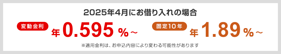 2024年5月にお借り入れ　変動金利は年0.345%から　固定10年は年1.06%から　※適用金利は、お申し込み内容により変わる可能性があります