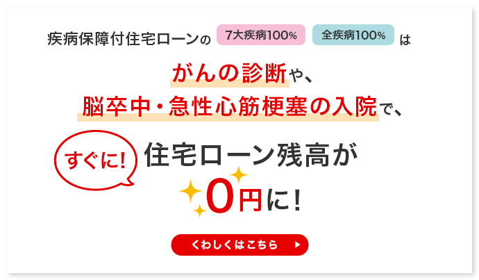 疾病保障付き住宅ローンの7大疾病100％、全疾病100％は、がんの診断や、脳卒中・急性心筋梗塞の入院で、すぐに！住宅ローン残高が0円に！