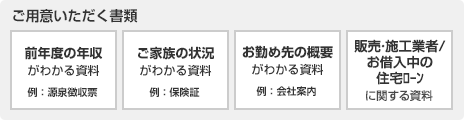 ご用意いただく書類 前年度の年収がわかる資料 例:源泉徴収票 ご家族の状況がわかる資料 例:保険証 お勤め先の概要がわかる資料 例:会社案内 販売・施工業者/お借入中の住宅ローンに関する資料