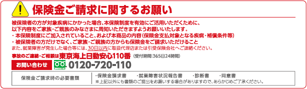 保険金ご請求に関するお願い 被保険者の方が対象疾病にかかった場合、本保険制度を有効にご活用いただくために、以下内容をご家族・ご親族のみなさまに周知いただきますようお願いいたします。 ・本保険制度にご加入されていることおよび本商品の内容(保険金支払対象となる疾病・補償条件等) ・被保険者の方だけでなく、ご家族、ご親族の方からも保険金をご請求いただけること また、就業障害が発生した場合等には、30日以内に取扱代理店または引受保険会社へご連絡ください。 東京海上日動安心110番(受付時間:365日24時間) お問い合わせ0120-720-110(携帯電話・自動車電話・PHS・衛星電話からもご利用いただけます。) 保険金ご請求時の必要書類・保険金請求書・就業不能状況記入書・診断書・同意書 ※上記以外にも書類のご提出をお願いする場合がありますので、あらかじめご了承ください。