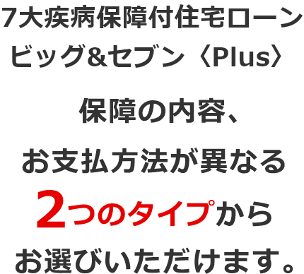 7大疾病保障付住宅ローン ビッグ&セブン〈Plus〉保障の内容、お支払方法が異なる2つのタイプからお選びいただけます。