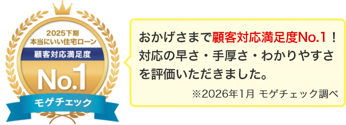 おかげさまで顧客対応満足度No.1!対応の早さ・手厚さ・わかりやすさを評価いただきました。※2026年1月モゲチェック調べ