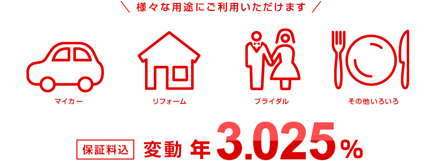 様々な用途にご利用いただけます　マイカー　リフォーム　ブライダル　その他いろいろ　保証料込 変動 年2.875%