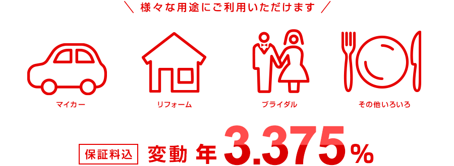 様々な用途にご利用いただけます マイカー リフォーム ブライダル その他いろいろ 保証料込 変動 年3.375%