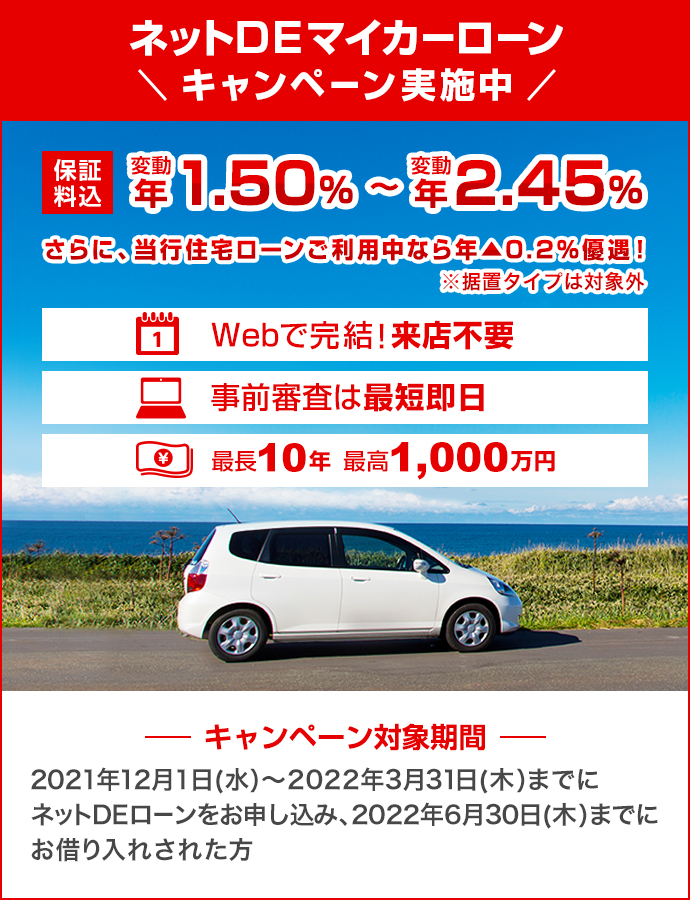 ネットDEマイカーローン キャンペーン実施中 保証料込 変動年1.50%~変動年2.45%