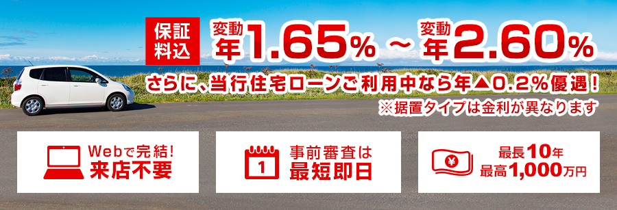 保証料込 変動 年1.50%～変動 年2.45% さらに、当行住宅ローンご利用中なら年▲0.2%優遇！※据置タイプは金利が異なります Webで完結！ 来店不要 事前審査は最短即日 最長10年 最高1,000万円