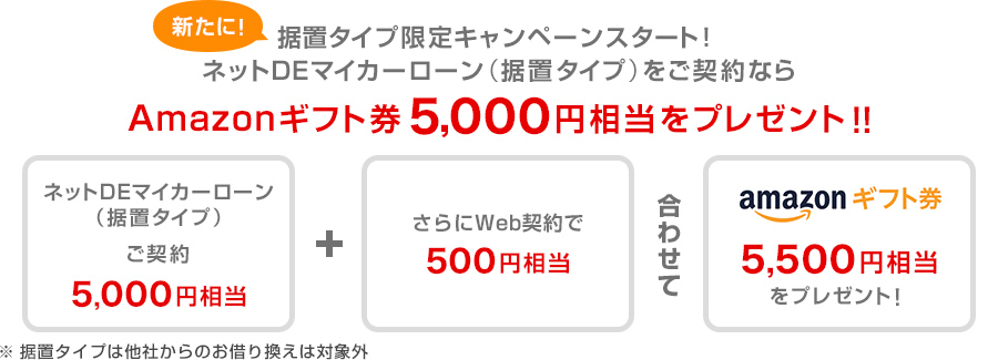 新たに据置タイプ限定キャンペーンスタート! ネットDEマイカーローン(据置タイプ)をご契約ならAmazonギフト券5,000円相当をプレゼント!!