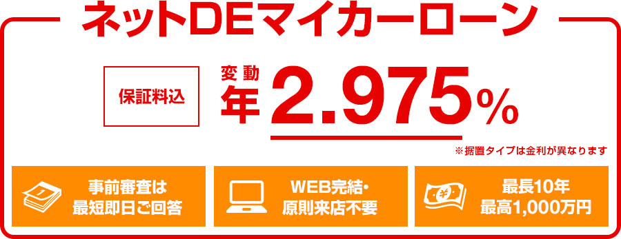 ネットDEマイカーローン 保証料込 変動 年2.975% 事前審査は最短即日ご回答 WEB完結・原則来店不要 最長10年 最高1,000万円