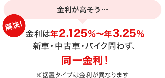 金利が高そう… 解決！金利は年2.125%～年3.25% 新車・中古車・バイク問わず、同一金利！※据置タイプは金利が異なります