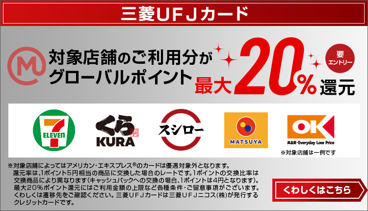 三菱UFJカード　対象店舗のご利用分がグローバルポイント最大20%還元　要エントリー　くわしくはこちら