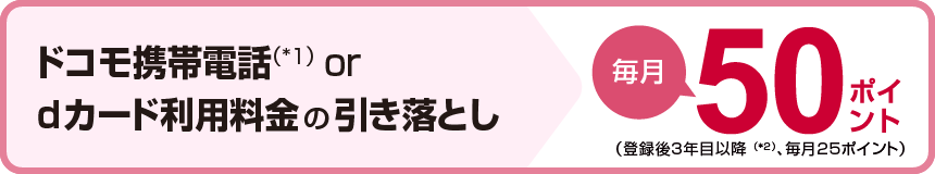 ドコモ携帯電話(*1)ordカード利用料金の引き落とし毎月50ポイント(登録後3年目以降(*2)、毎月25ポイント)