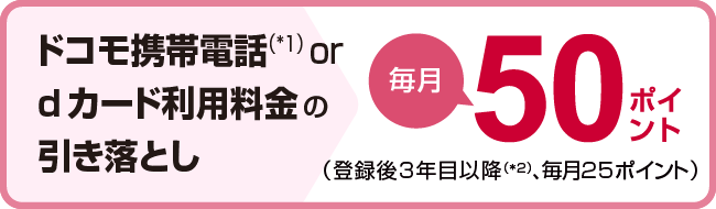 ドコモ携帯電話(*1)ordカード利用料金の引き落とし毎月50ポイント(登録後3年目以降(*2)、毎月25ポイント)