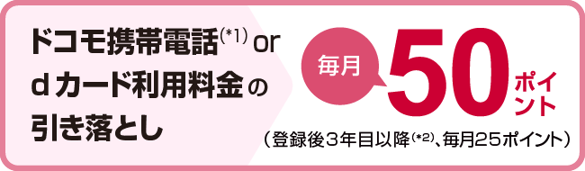 ドコモ携帯電話（*1）orｄカード利用料金の引き落とし毎月50ポイント（登録後3年目以降（*2）、毎月25ポイント）