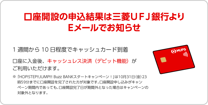 口座開設の申込結果は三菱UFJ銀行よりEメールでお知らせ 1週間から10日程度でキャッシュカード到着