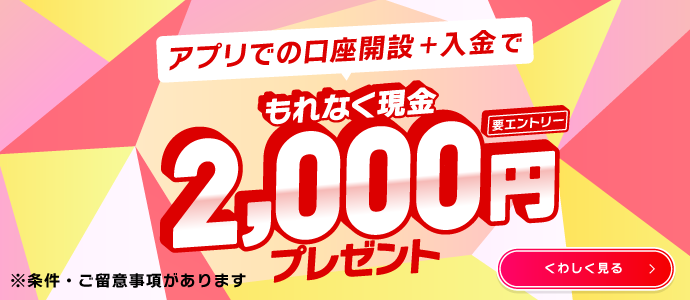 要エントリー　アプリでの口座開設＋入金で　もれなく現金2,000円プレゼント　※条件・ご留意事項があります　くわしく見る→