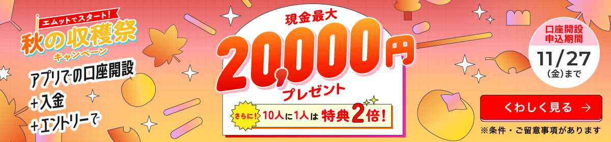 エムットでスタート！秋の収穫祭キャンペーン　アプリでの口座開設＋入金＋エントリーで現金最大20,000円プレゼント　さらに！10人に1人は特典2倍！口座開設申込期間11月27日（金）まで　※条件・ご留意事項があります　くわしく見る→