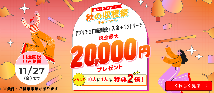エムットでスタート！秋の収穫祭キャンペーン　アプリでの口座開設＋入金＋エントリーで現金最大20,000円プレゼント　さらに！10人に1人は特典2倍！口座開設申込期間11月27日（金）まで　※条件・ご留意事項があります　くわしく見る→